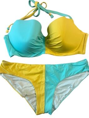 Victoria's Secret Yellow & Aqua Seafoam Colorblock Halter/Bikini Set